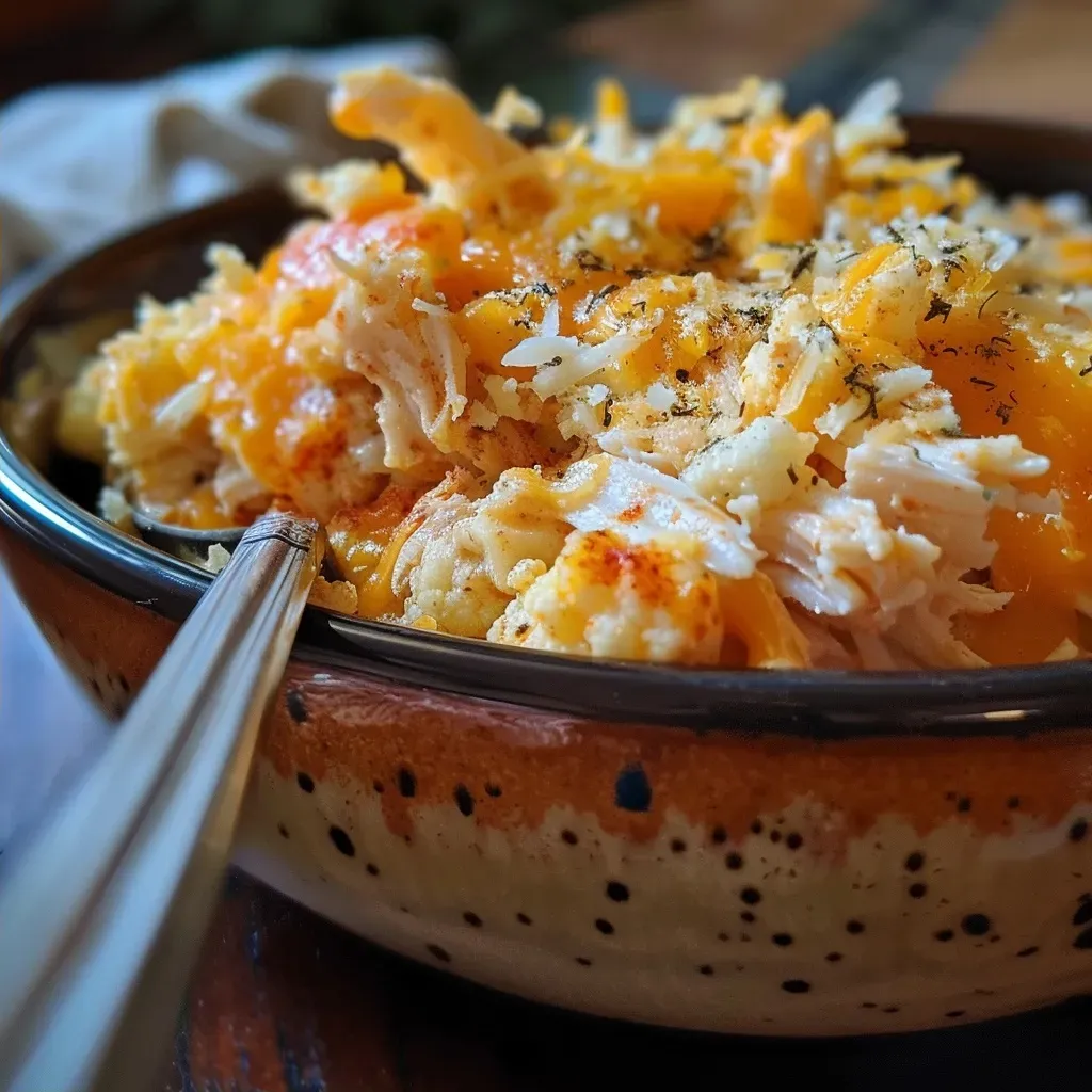 A close-up view of a Keto Buffalo Turkey Casserole with melted cheese and visible turkey pieces.