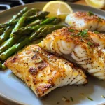 ['Close-up view of creamy Cajun cod fillets with asparagus in a skillet.', 'Juicy Cajun-seasoned cod served with vibrant green asparagus.', 'Pan-fried cod fillets in a rich cream sauce garnished with lemon and asparagus.', 'A side view of a skillet showcasing creamy Cajun cod and tender asparagus.']