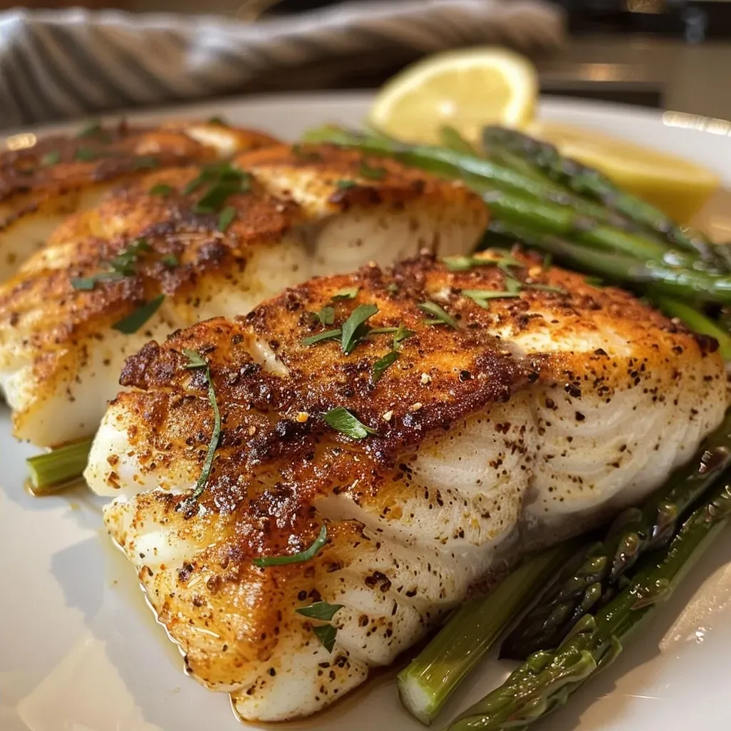 Close-up view of creamy Cajun cod fillets with asparagus in a skillet.