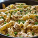 ['A close-up view of creamy leftover turkey pasta with peas and grated parmesan.', 'Detailed side view of a bowl filled with leftover turkey pasta, showcasing ingredients like peas and parmesan.', 'Juicy leftover turkey pasta in a white bowl, highlighting the creamy sauce and parsley garnish.', 'Close-up of a generous serving of turkey pasta, featuring penne, peas, and a rich sauce.']