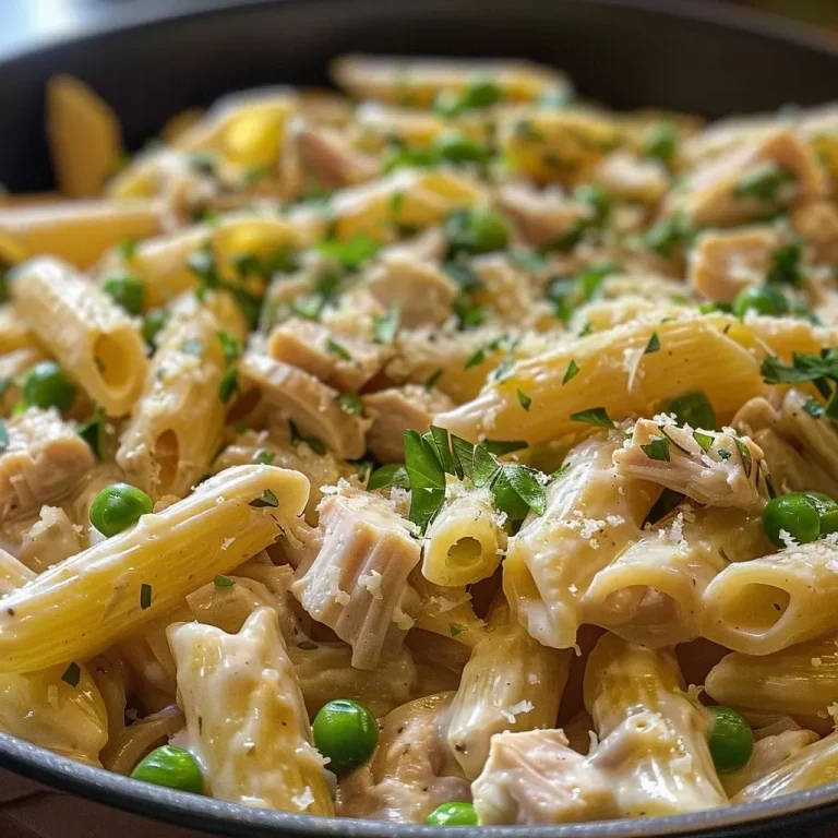 ['A close-up view of creamy leftover turkey pasta with peas and grated parmesan.', 'Detailed side view of a bowl filled with leftover turkey pasta, showcasing ingredients like peas and parmesan.', 'Juicy leftover turkey pasta in a white bowl, highlighting the creamy sauce and parsley garnish.', 'Close-up of a generous serving of turkey pasta, featuring penne, peas, and a rich sauce.']