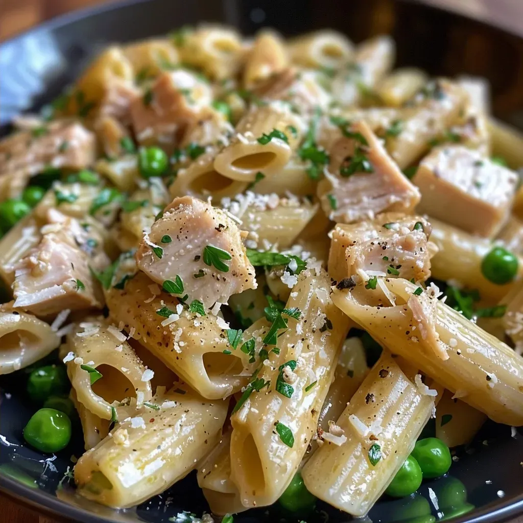 ['A close-up view of creamy leftover turkey pasta with peas and grated parmesan.', 'Detailed side view of a bowl filled with leftover turkey pasta, showcasing ingredients like peas and parmesan.', 'Juicy leftover turkey pasta in a white bowl, highlighting the creamy sauce and parsley garnish.', 'Close-up of a generous serving of turkey pasta, featuring penne, peas, and a rich sauce.']