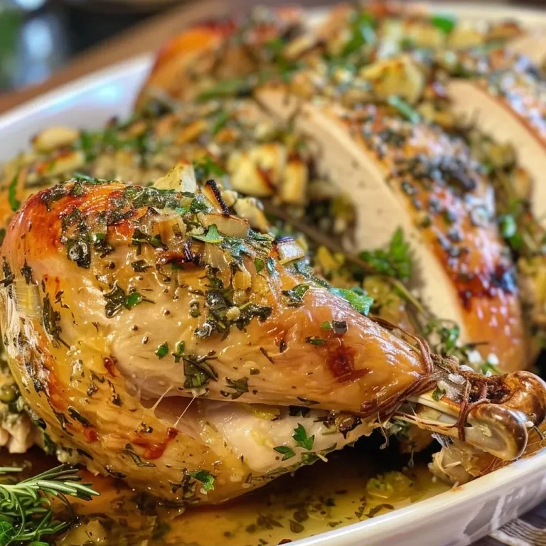 ['Juicy lemon garlic herb roasted turkey breast with herbs on a wooden cutting board.', 'Close-up of a perfectly cooked turkey breast, garnished with fresh herbs and lemon slices.', 'Side view of tender roasted turkey breast, showcasing the crispy skin and aromatic herbs.', 'Delicious lemon garlic herb turkey breast displayed with a vibrant green herb garnish.']