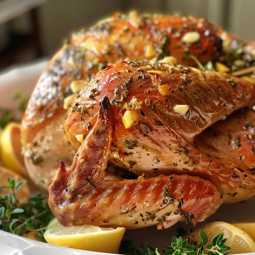 ['Juicy lemon garlic herb roasted turkey breast with herbs on a wooden cutting board.', 'Close-up of a perfectly cooked turkey breast, garnished with fresh herbs and lemon slices.', 'Side view of tender roasted turkey breast, showcasing the crispy skin and aromatic herbs.', 'Delicious lemon garlic herb turkey breast displayed with a vibrant green herb garnish.']