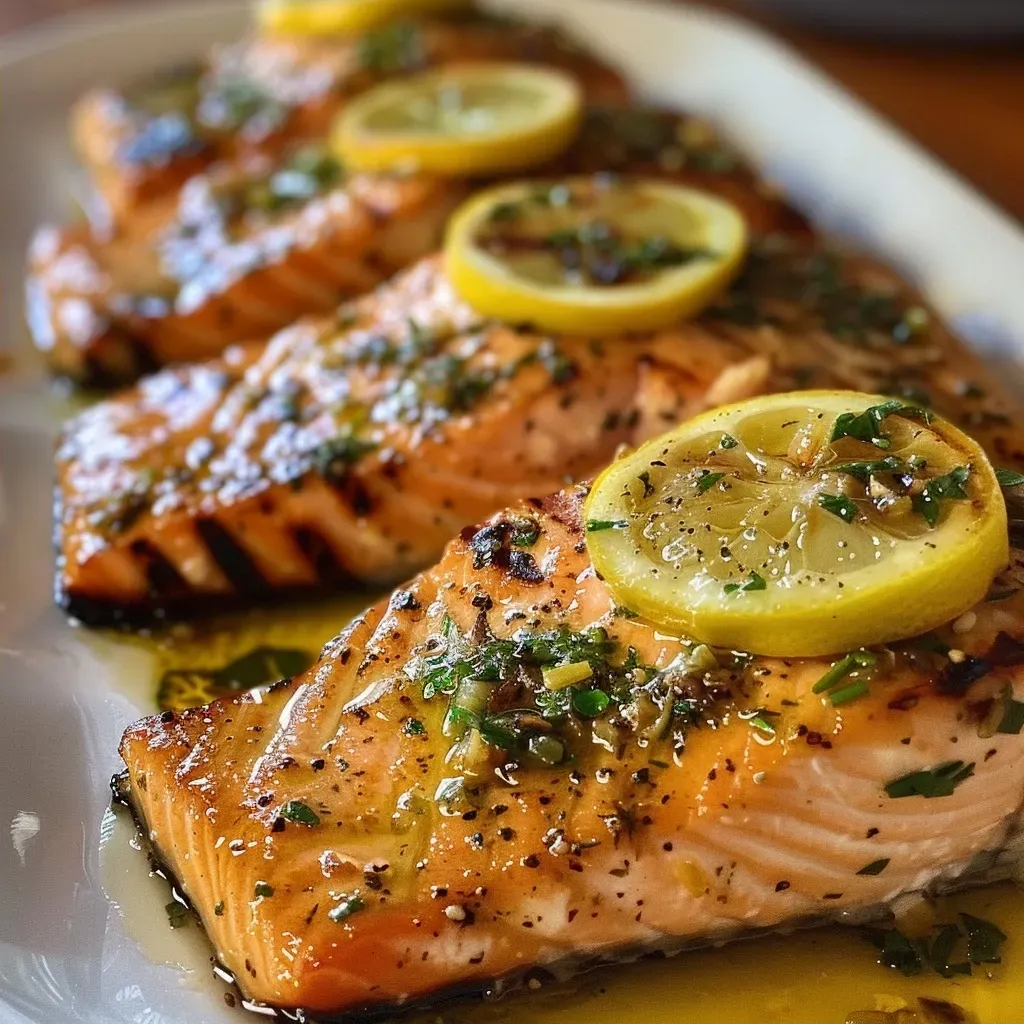 Juicy lemon herb grilled salmon fillet garnished with fresh herbs.