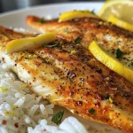 ['Close-up view of Lemon Paprika Tilapia on a plate, glistening with butter and spices.', 'Juicy Lemon Paprika Tilapia filets garnished with diced vegetables, served on a dish.', 'Mouthwatering Lemon Paprika Tilapia, showcasing its golden-brown crust and herbs.', 'Side view of perfectly cooked Lemon Paprika Tilapia, surrounded by rice and colorful veggies.']