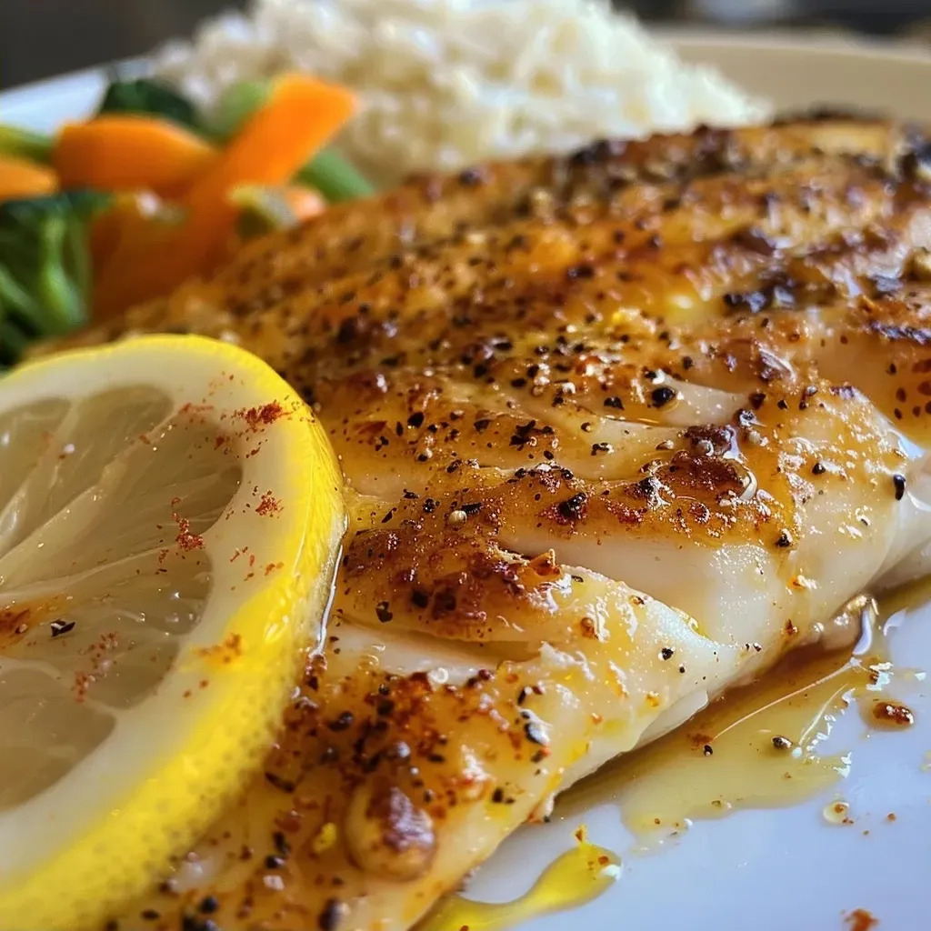 Close-up view of Lemon Paprika Tilapia on a plate, glistening with butter and spices.