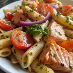 ['Close-up of a vibrant Lemon Salmon Pasta Salad with colorful ingredients.', 'Side view of Lemon Salmon Pasta Salad showcasing cherry tomatoes and basil.', 'Juicy Lemon Salmon Pasta Salad with penne pasta and salmon fillets.', 'Freshly prepared Lemon Salmon Pasta Salad with a drizzle of olive oil.']