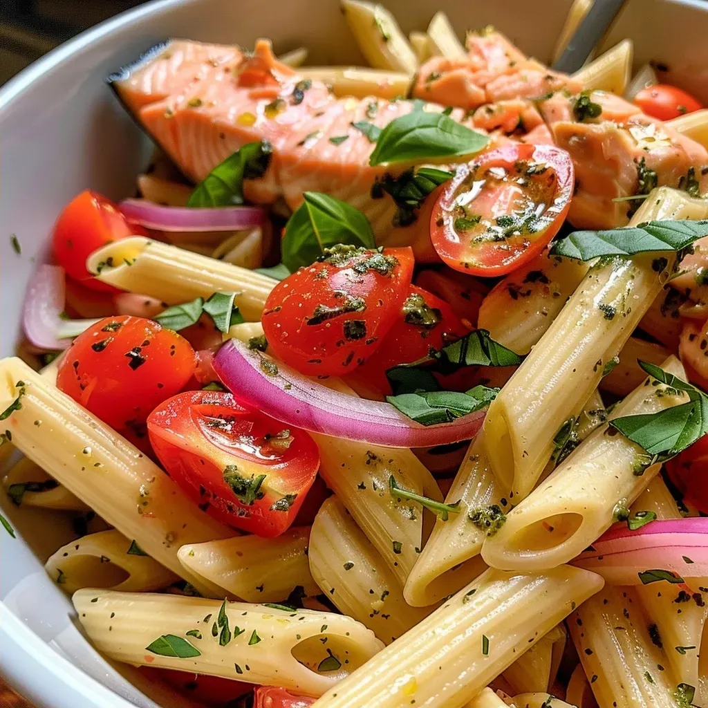 ['Close-up of a vibrant Lemon Salmon Pasta Salad with colorful ingredients.', 'Side view of Lemon Salmon Pasta Salad showcasing cherry tomatoes and basil.', 'Juicy Lemon Salmon Pasta Salad with penne pasta and salmon fillets.', 'Freshly prepared Lemon Salmon Pasta Salad with a drizzle of olive oil.']
