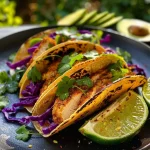 ['Close-up view of Lime Cilantro Baja Tacos with vibrant toppings.', 'Side view of juicy Baja Tacos filled with turkey and garnished with lime.', 'Detailed shot of Baja Tacos featuring avocado, cilantro, and cabbage.', 'Appetizing image of corn tortillas filled with turkey and fresh vegetables.']