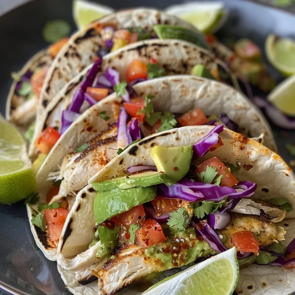 ['Close-up view of Lime Cilantro Baja Tacos with vibrant toppings.', 'Side view of juicy Baja Tacos filled with turkey and garnished with lime.', 'Detailed shot of Baja Tacos featuring avocado, cilantro, and cabbage.', 'Appetizing image of corn tortillas filled with turkey and fresh vegetables.']