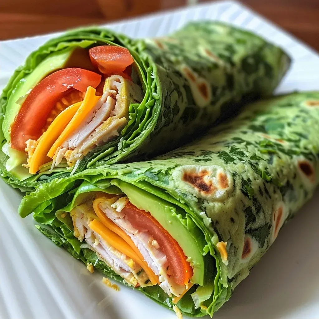 ['Close-up side view of a turkey spinach wrap filled with sliced turkey, avocado, and tomato.', 'Juicy low-calorie turkey spinach wrap showcasing fresh ingredients like romaine lettuce and cheese.', 'Freshly made turkey spinach wrap on a plate, featuring layers of vegetables and turkey slices.', 'Delicious turkey spinach wrap highlighting vibrant ingredients, ready to be enjoyed.']