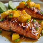 ['Close-up view of juicy Mango Teriyaki Salmon fillet on a plate.', 'Side view of a perfectly cooked Mango Teriyaki Salmon garnished with sesame seeds.', 'Detailed shot of tender salmon glazed with mango teriyaki sauce.', 'Close-up image showcasing vibrant mango pieces paired with salmon.']