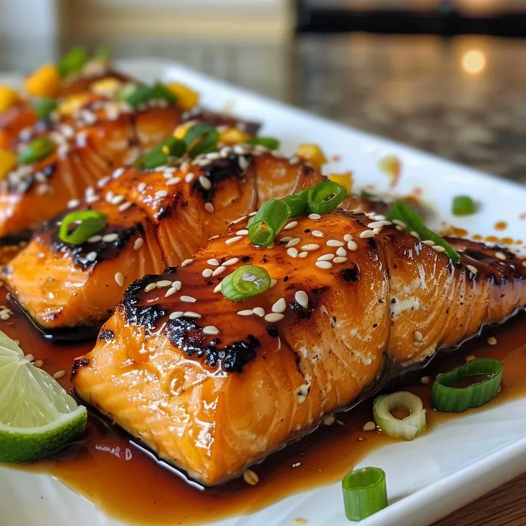 Close-up view of juicy Mango Teriyaki Salmon fillet on a plate.