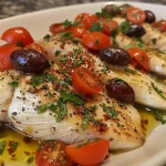 ['A vibrant plate of Mediterranean Baked Tilapia filled with cherry tomatoes and olives.', 'Juicy baked tilapia fillets garnished with fresh herbs and colorful tomatoes.', 'Close-up view of tilapia topped with olives, garlic, and lemon on a white plate.', 'Deliciously plated Mediterranean tilapia with sliced cherry tomatoes and Kalamata olives.']