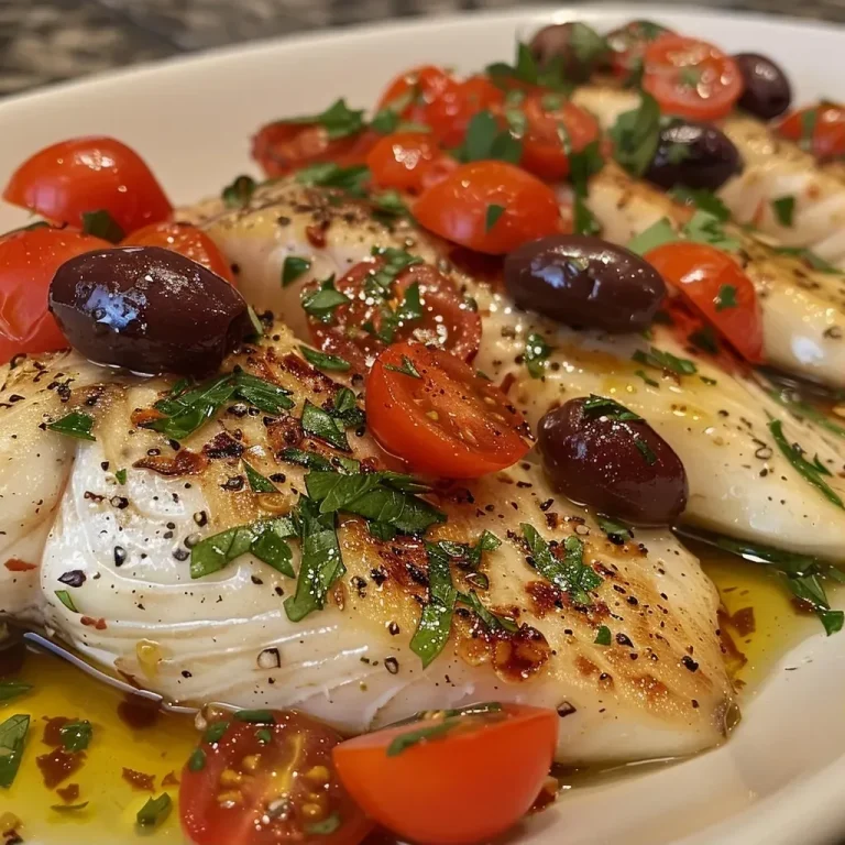 ['A vibrant plate of Mediterranean Baked Tilapia filled with cherry tomatoes and olives.', 'Juicy baked tilapia fillets garnished with fresh herbs and colorful tomatoes.', 'Close-up view of tilapia topped with olives, garlic, and lemon on a white plate.', 'Deliciously plated Mediterranean tilapia with sliced cherry tomatoes and Kalamata olives.']