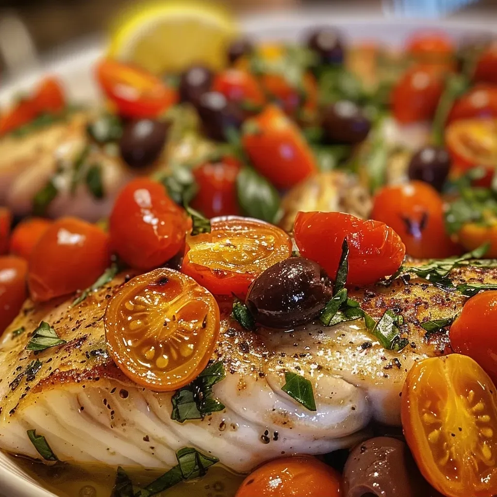 ['A vibrant plate of Mediterranean Baked Tilapia filled with cherry tomatoes and olives.', 'Juicy baked tilapia fillets garnished with fresh herbs and colorful tomatoes.', 'Close-up view of tilapia topped with olives, garlic, and lemon on a white plate.', 'Deliciously plated Mediterranean tilapia with sliced cherry tomatoes and Kalamata olives.']