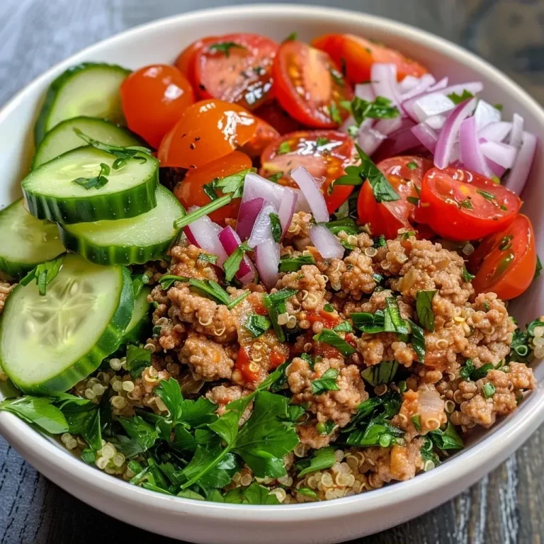 ['Close-up of a colorful Mediterranean Bowl featuring ground turkey and quinoa.', 'Side view image of a Mediterranean Bowl with ground turkey, quinoa, fresh vegetables, and tahini.', 'Juicy Mediterranean Bowl with ingredients like ground turkey, quinoa, cherry tomatoes, and a lemon wedge.', 'Vibrant Mediterranean Bowl filled with ground turkey, quinoa, and diced cucumbers, garnished with parsley.']