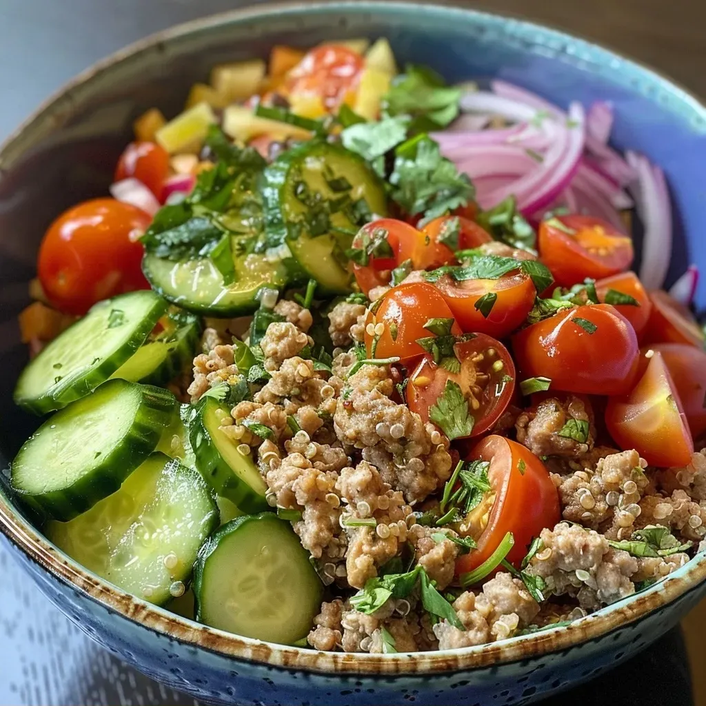 ['Close-up of a colorful Mediterranean Bowl featuring ground turkey and quinoa.', 'Side view image of a Mediterranean Bowl with ground turkey, quinoa, fresh vegetables, and tahini.', 'Juicy Mediterranean Bowl with ingredients like ground turkey, quinoa, cherry tomatoes, and a lemon wedge.', 'Vibrant Mediterranean Bowl filled with ground turkey, quinoa, and diced cucumbers, garnished with parsley.']