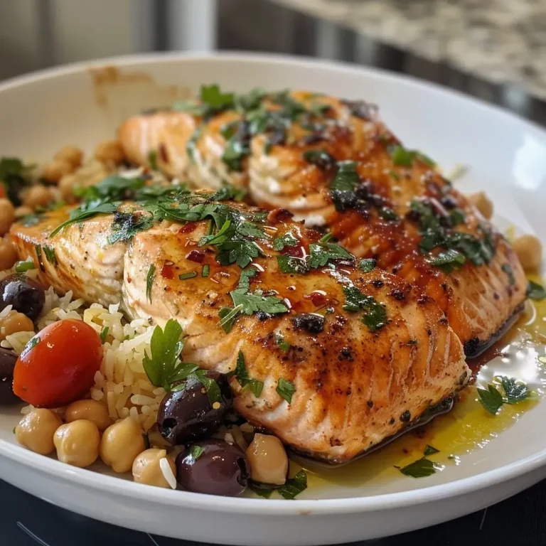 ['A close-up view of juicy Mediterranean salmon garnished with olives and tomatoes.', 'Side view of cooked salmon fillets with vibrant cherry tomatoes and herbs on a plate.', 'A colorful presentation of salmon and Mediterranean vegetables, showcasing rich textures.', 'Close-up of a one-pan Mediterranean dish featuring salmon, chickpeas, and olives.']