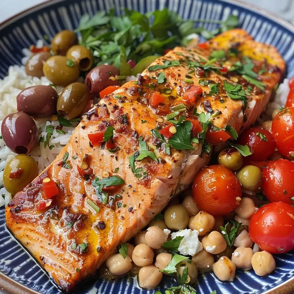 ['A close-up view of juicy Mediterranean salmon garnished with olives and tomatoes.', 'Side view of cooked salmon fillets with vibrant cherry tomatoes and herbs on a plate.', 'A colorful presentation of salmon and Mediterranean vegetables, showcasing rich textures.', 'Close-up of a one-pan Mediterranean dish featuring salmon, chickpeas, and olives.']