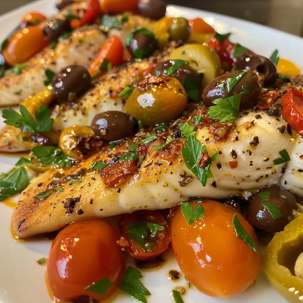 ['Close-up of juicy Mediterranean Tilapia fillets garnished with fresh tomatoes and olives.', 'Side view of baked Mediterranean Tilapia adorned with colorful vegetables and herbs.', 'Oven-baked Tilapia presented with a vibrant mix of baby tomatoes, olives, and herbs.', 'Juicy Mediterranean Tilapia served on a plate with a colorful array of vegetables.']