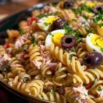 ['Close-up shot of Mediterranean Tuna Pasta Salad with colorful ingredients.', 'Side view of a bowl filled with Mediterranean Tuna Pasta Salad, showcasing pasta and vegetables.', 'Detailed image of a hearty tuna pasta salad featuring olives, eggs, and mayonnaise.', 'Close-up view of a vibrant Mediterranean Tuna Pasta Salad, highlighting its rich textures.']