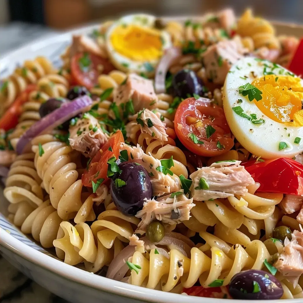 ['Close-up shot of Mediterranean Tuna Pasta Salad with colorful ingredients.', 'Side view of a bowl filled with Mediterranean Tuna Pasta Salad, showcasing pasta and vegetables.', 'Detailed image of a hearty tuna pasta salad featuring olives, eggs, and mayonnaise.', 'Close-up view of a vibrant Mediterranean Tuna Pasta Salad, highlighting its rich textures.']