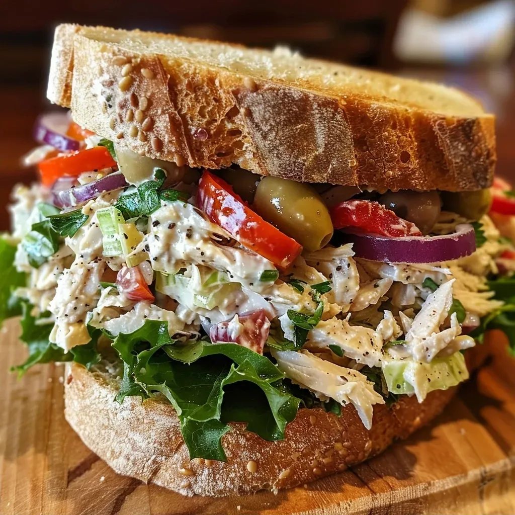 Close-up side view of a Mediterranean Turkey Salad Sandwich with colorful ingredients.