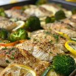 ['Close-up of a baked tilapia casserole with colorful vegetables and a golden-brown top.', 'Side view of a one-pan baked tilapia dish, showcasing tilapia fillets and vibrant broccoli and bell peppers.', 'Juicy tilapia casserole filled with broccoli, zucchini, and garnished with lemon slices.', 'Delicious baked tilapia served with a variety of colorful vegetables in a one-pan setting.']