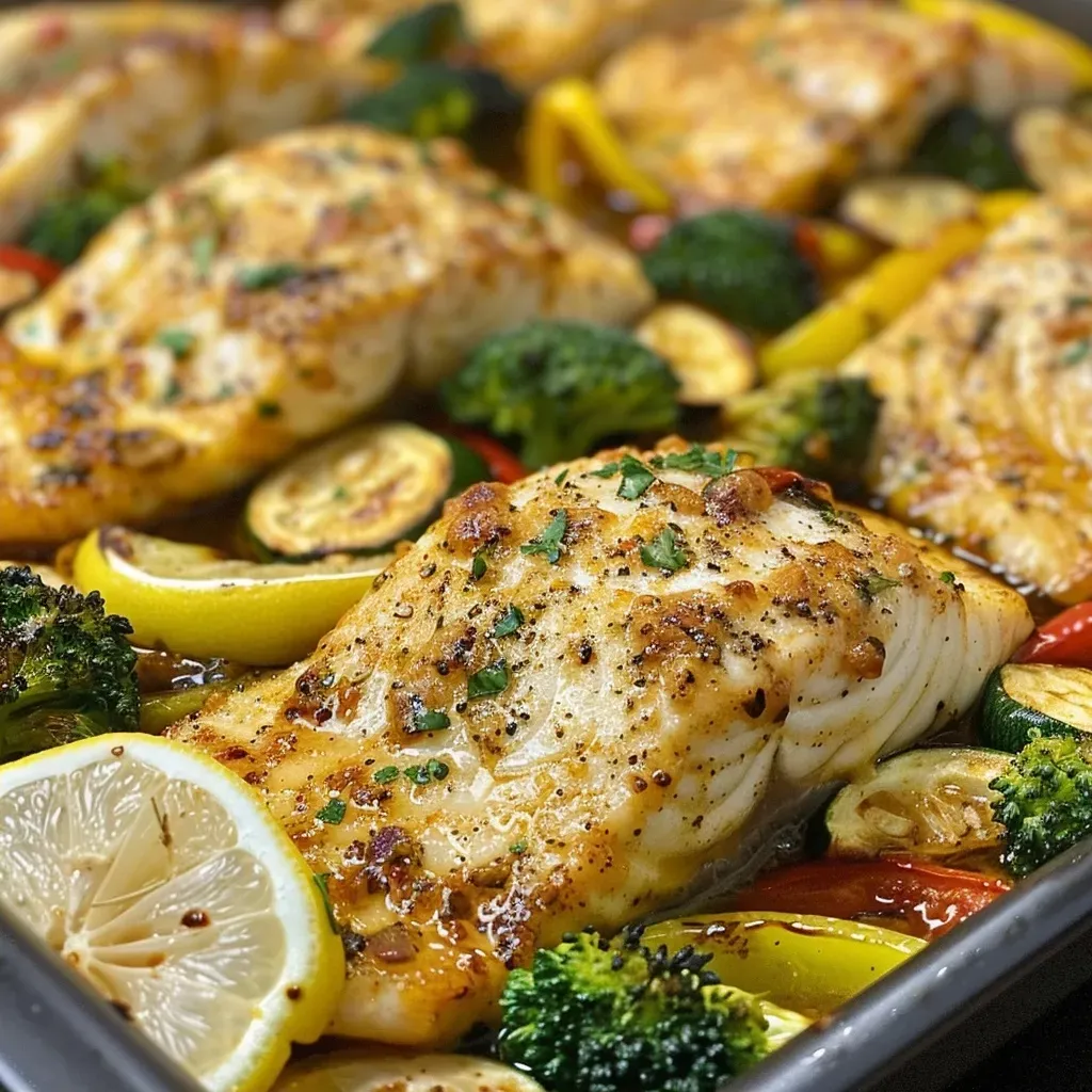 Close-up of a baked tilapia casserole with colorful vegetables and a golden-brown top.
