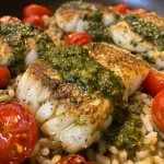 ['Close-up of One-pan pesto cod and rice with vibrant cherry tomatoes and fresh courgette.', 'Juicy cod fillets served with brown basmati rice and bright green pesto in a pan.', 'A colorful dish of One-pan pesto cod and rice featuring grated courgette and cherry tomatoes.', 'Side view of a delicious One-pan meal with pesto cod, rice, and vegetables.']