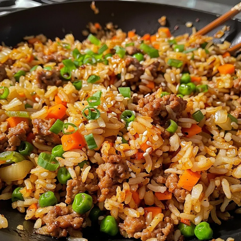 Close-up view of One Pan Teriyaki Ground Turkey Fried Rice with colorful vegetables.