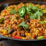 ['A vibrant bowl of One Pan Turkey Burrito Rice, showcasing colorful ingredients and textures.', 'Close-up view of One Pan Turkey Burrito Rice with ground turkey, rice, and vegetables.', 'Side view of a hearty One Pan Turkey Burrito Rice dish, filled with beans and peppers.', 'A delicious serving of One Pan Turkey Burrito Rice, highlighting fresh coriander and spring onions.']