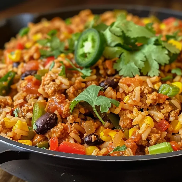['A vibrant bowl of One Pan Turkey Burrito Rice, showcasing colorful ingredients and textures.', 'Close-up view of One Pan Turkey Burrito Rice with ground turkey, rice, and vegetables.', 'Side view of a hearty One Pan Turkey Burrito Rice dish, filled with beans and peppers.', 'A delicious serving of One Pan Turkey Burrito Rice, highlighting fresh coriander and spring onions.']