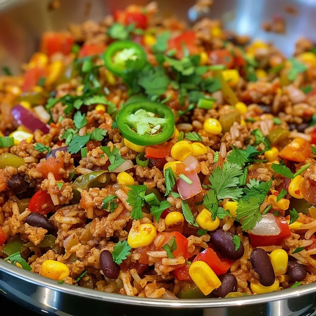 ['A vibrant bowl of One Pan Turkey Burrito Rice, showcasing colorful ingredients and textures.', 'Close-up view of One Pan Turkey Burrito Rice with ground turkey, rice, and vegetables.', 'Side view of a hearty One Pan Turkey Burrito Rice dish, filled with beans and peppers.', 'A delicious serving of One Pan Turkey Burrito Rice, highlighting fresh coriander and spring onions.']