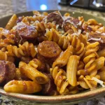 ['Close-up of a bowl of One-Pot Bold Honey BBQ Sausage Pasta with a glossy sauce and sausage slices.', 'A side view of a serving of One-Pot Honey BBQ Sausage Pasta, showcasing its creamy texture and toppings.', 'Rich, golden-colored pasta dish featuring sausage, cheese, and a honey BBQ glaze in a rustic bowl.', 'One-Pot Honey BBQ Sausage Pasta presented in a bowl, garnished with shredded cheese and steam rising.']