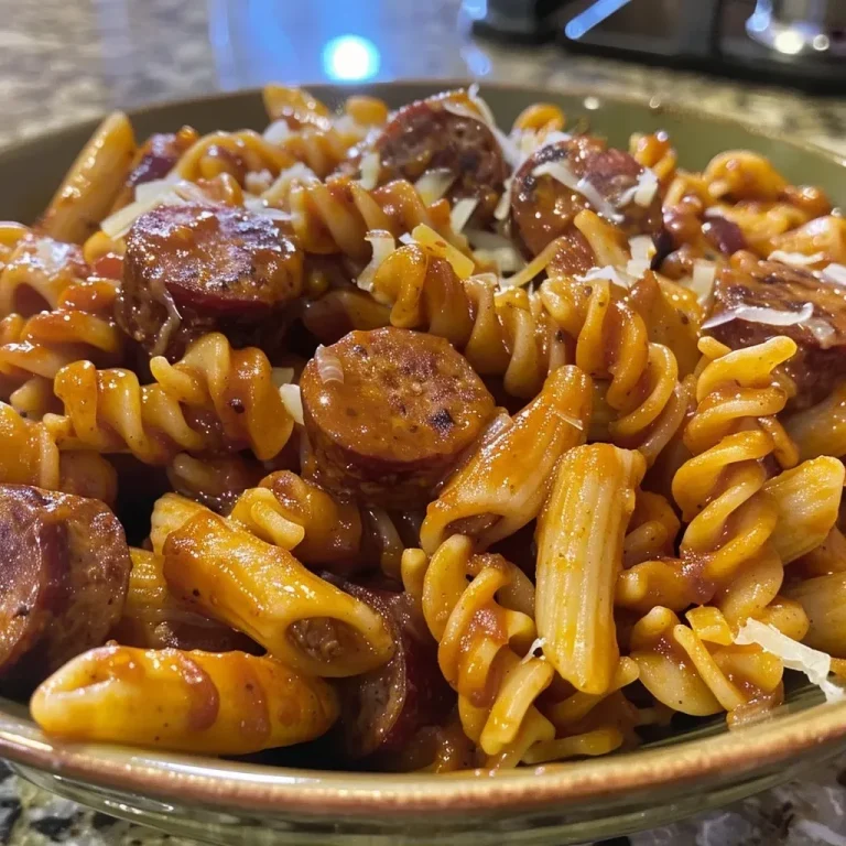 ['Close-up of a bowl of One-Pot Bold Honey BBQ Sausage Pasta with a glossy sauce and sausage slices.', 'A side view of a serving of One-Pot Honey BBQ Sausage Pasta, showcasing its creamy texture and toppings.', 'Rich, golden-colored pasta dish featuring sausage, cheese, and a honey BBQ glaze in a rustic bowl.', 'One-Pot Honey BBQ Sausage Pasta presented in a bowl, garnished with shredded cheese and steam rising.']