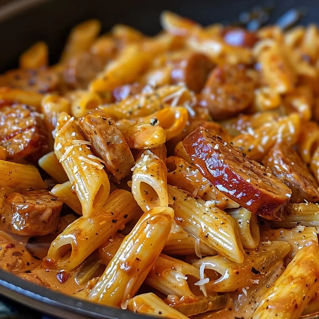 Close-up of a bowl of One-Pot Bold Honey BBQ Sausage Pasta with a glossy sauce and sausage slices.