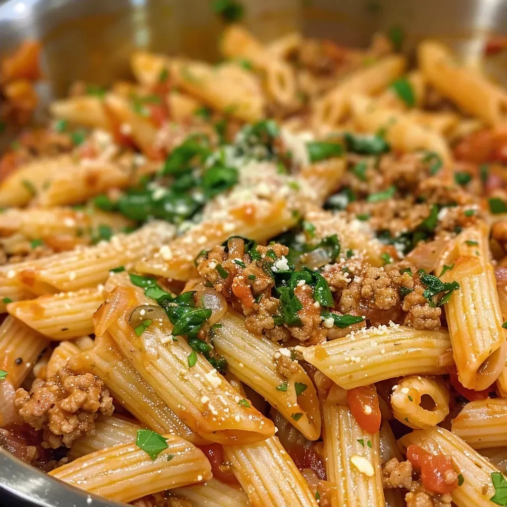 ['Close-up of a plate featuring one-pot pasta with ground turkey and spinach.', 'Juicy one-pot pasta dish with ground turkey, spinach, and diced tomatoes.', 'Side view of a bowl filled with one-pot pasta, showcasing the ingredients.', 'Delicious one-pot pasta with ground turkey, garnished with spinach and cheese.']