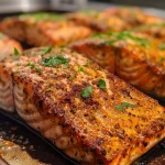 ['Close-up view of a perfectly baked Cajun salmon fillet garnished with fresh parsley.', 'Juicy, golden-brown Cajun salmon fillets with minced garlic and herbs on a plate.', 'Side view of oven-baked salmon seasoned with Cajun spices, ready to serve.', 'Deliciously grilled salmon fillet coated with Cajun seasoning and a sprinkle of parsley.']