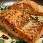 ['Close-up view of pan-seared salmon garnished with a creamy Parmesan sauce and spinach.', 'Side view of a succulent salmon fillet topped with Parmesan cream sauce and sun-dried tomatoes.', 'Juicy salmon in a rich white sauce, highlighted with fresh spinach and sun-dried tomatoes.', 'Delicious pan-seared salmon served in a creamy sauce, showcasing textures and vibrant colors.']
