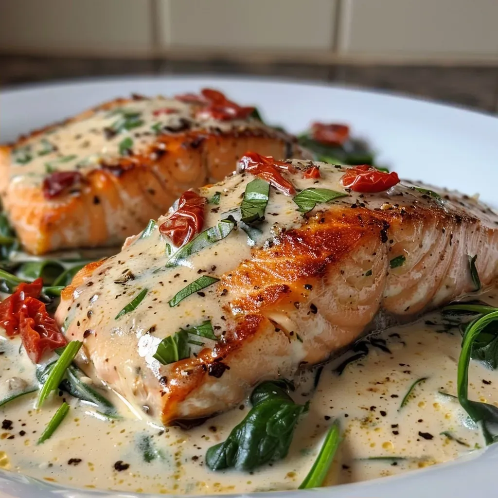 ['Close-up view of pan-seared salmon garnished with a creamy Parmesan sauce and spinach.', 'Side view of a succulent salmon fillet topped with Parmesan cream sauce and sun-dried tomatoes.', 'Juicy salmon in a rich white sauce, highlighted with fresh spinach and sun-dried tomatoes.', 'Delicious pan-seared salmon served in a creamy sauce, showcasing textures and vibrant colors.']