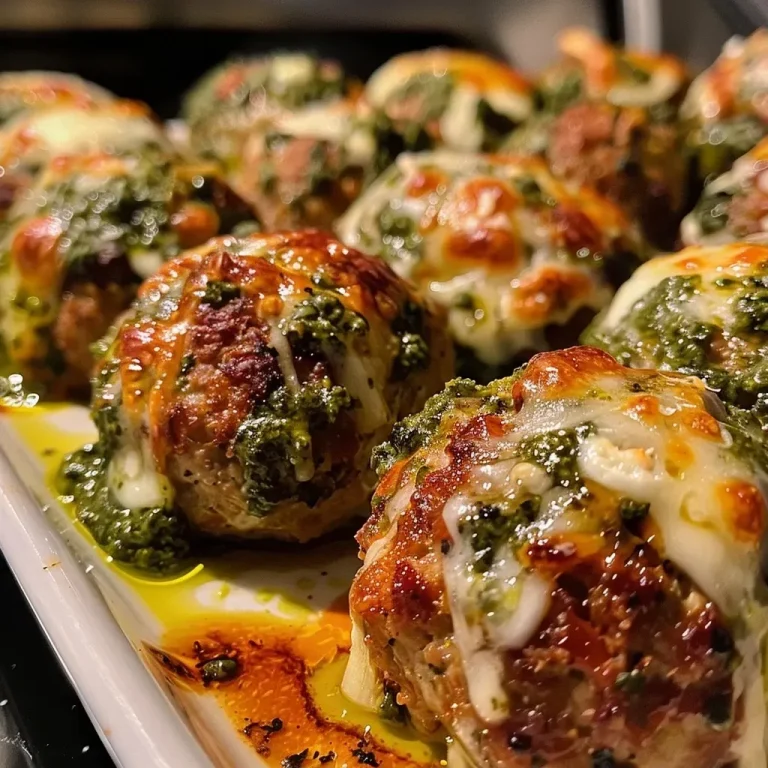 ['Close-up of golden-brown pesto baked turkey meatballs on a plate.', 'Juicy turkey meatballs topped with green pesto and melted mozzarella cheese.', 'Side view of savory turkey meatballs with a rich pesto sauce glistening.', 'Delicious turkey meatballs sprinkled with herbs and a layer of melted cheese.']