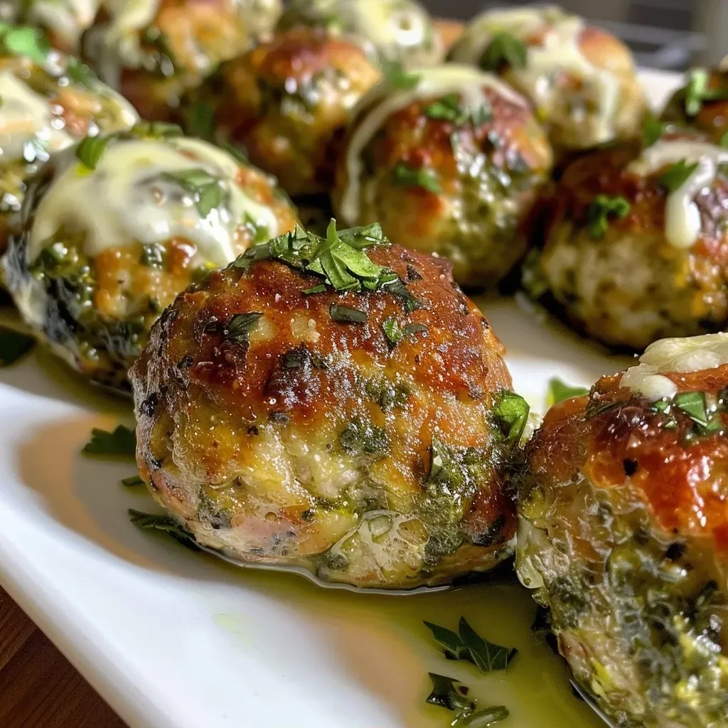 ['Close-up of golden-brown pesto baked turkey meatballs on a plate.', 'Juicy turkey meatballs topped with green pesto and melted mozzarella cheese.', 'Side view of savory turkey meatballs with a rich pesto sauce glistening.', 'Delicious turkey meatballs sprinkled with herbs and a layer of melted cheese.']