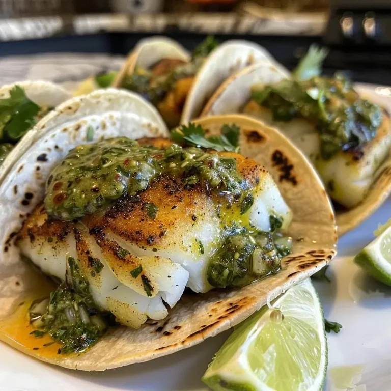 ['Close-up view of colorful Pesto Cod Fish Tacos topped with cilantro and Cotija cheese.', 'Side view of freshly made Pesto Cod Fish Tacos garnished with lime and diced tomatoes.', 'Juicy Pesto Cod Fish Tacos with a vibrant green pesto sauce and corn tortillas.', 'Delicious Pesto Cod Fish Tacos displayed with fresh ingredients and sauces on a plate.']