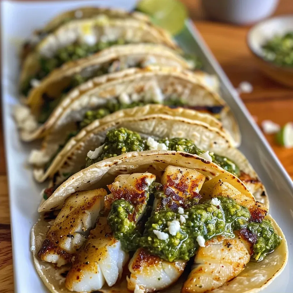 ['Close-up view of colorful Pesto Cod Fish Tacos topped with cilantro and Cotija cheese.', 'Side view of freshly made Pesto Cod Fish Tacos garnished with lime and diced tomatoes.', 'Juicy Pesto Cod Fish Tacos with a vibrant green pesto sauce and corn tortillas.', 'Delicious Pesto Cod Fish Tacos displayed with fresh ingredients and sauces on a plate.']