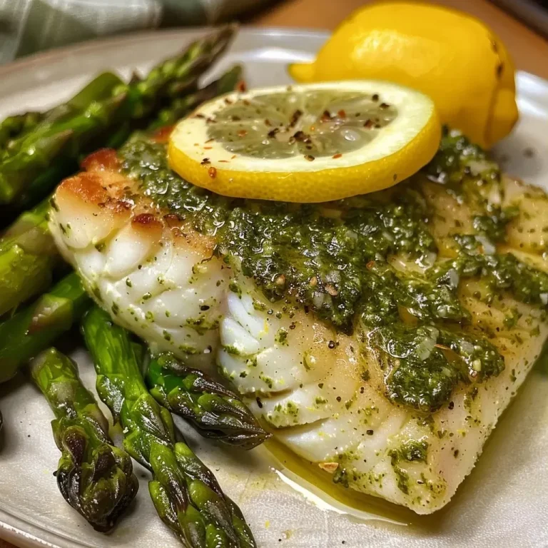 ['Close-up view of juicy pesto cod fillets garnished with lemon wedges.', 'Side view of cooked cod fillets topped with vibrant green pesto and lemon juice.', 'Delicious plate of succulent pesto cod, showcasing seasoning and fresh lemon slices.', 'Freshly prepared cod fillets with a rich pesto sauce, served with lemon wedges.']