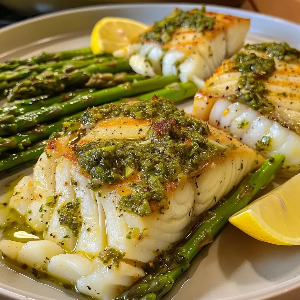 Close-up view of juicy pesto cod fillets garnished with lemon wedges.