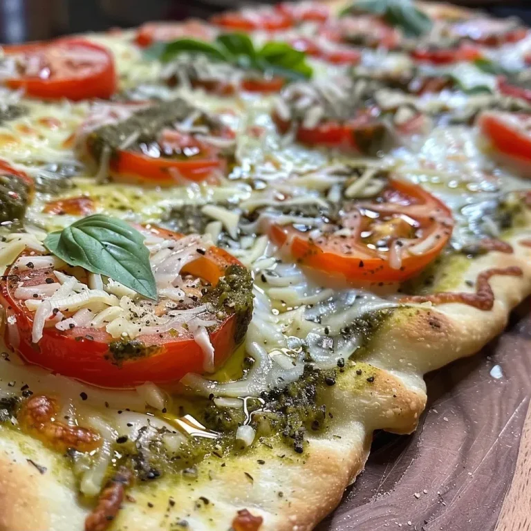['Close-up view of a slice of Pesto Flatbread Pizza topped with fresh ingredients.', 'Side view of a Pesto Flatbread Pizza showing melted mozzarella and cherry tomatoes.', 'Juicy Pesto Flatbread Pizza with vibrant green pesto and colorful toppings.', 'Deliciously garnished Pesto Flatbread Pizza with a crispy edge and fresh basil.']